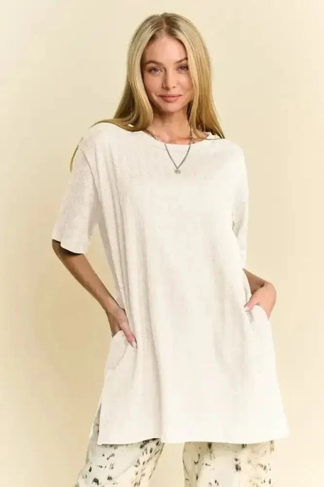 Davi & Dani Short Sleeve Side Slit T-Shirt with Pockets - Update AvenueT-ShirtsTrendsi1001002038715561001002038715566a26581f49594a25849997da1ceac9a1 - Max - OriginWhite