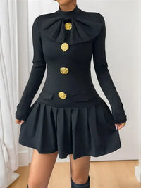 Decorative Button Mock Neck Long Sleeve Mini Dress
