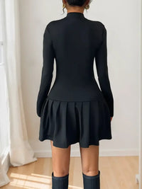 Decorative Button Mock Neck Long Sleeve Mini Dress