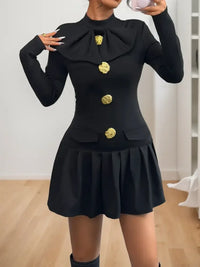 Decorative Button Mock Neck Long Sleeve Mini Dress