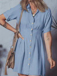 Denim Pleated Slim Waist Short Sleeve Shirt Dress - Update AvenueDenim Dresses & SkirtsTrendsi1001000519727651001000519727656fba92cb27ef44a9be6aef6b9b9b799b - Max - OriginLight Blue