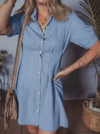 Denim Pleated Slim Waist Short Sleeve Shirt Dress - Update AvenueDenim Dresses & SkirtsTrendsi1001000519727651001000519727654b47b4861c374d85b46690275607372d - Max - OriginLight Blue