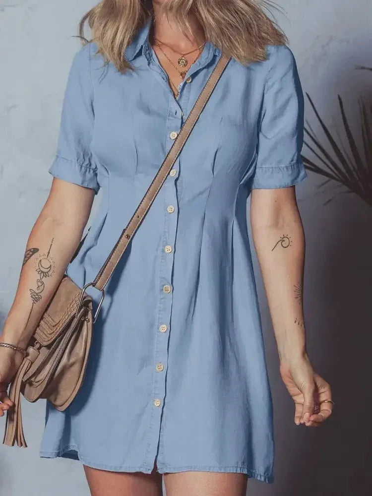 Denim Pleated Slim Waist Short Sleeve Shirt Dress - Update AvenueDenim Dresses & SkirtsTrendsi100100051972765100100051972765ef780c4b61c5498c91f920272cf0ed09 - Max - OriginLight Blue