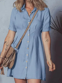 Denim Pleated Slim Waist Short Sleeve Shirt Dress - Update AvenueDenim Dresses & SkirtsTrendsi100100051972765100100051972765ef780c4b61c5498c91f920272cf0ed09 - Max - OriginLight Blue