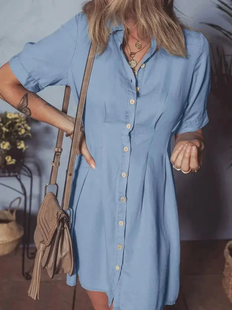 Denim Pleated Slim Waist Short Sleeve Shirt Dress - Update AvenueDenim Dresses & SkirtsTrendsi1001000519727651001000519727659119415ce88a489ba05f26fcb115933d - Max - OriginLight Blue