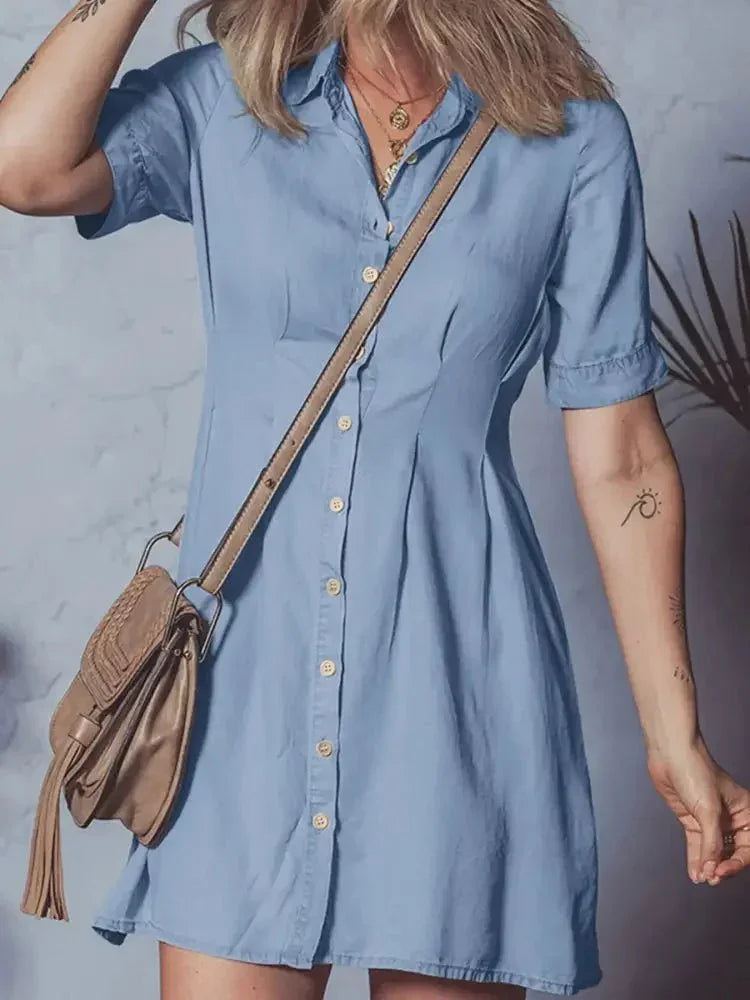 Denim Pleated Slim Waist Short Sleeve Shirt Dress - Update AvenueDenim Dresses & SkirtsTrendsi1001000519727651001000519727658d2600c6e5f34009bbc82a2d1c0a99da - Max - OriginLight Blue