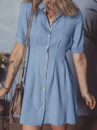 Denim Pleated Slim Waist Short Sleeve Shirt Dress - Update AvenueDenim Dresses & SkirtsTrendsi100100051972765100100051972765738d7ad7fb7149609220ea36ddeb28a5 - Max - OriginLight Blue