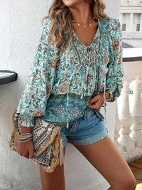 Devine Bohemian Tie Neck Lantern Sleeve Blouse - Update AvenueTrendsi1001011494247451001011494247456c1f2f3e1a904b989c502f370a37ece1 - MaxGum Leaf