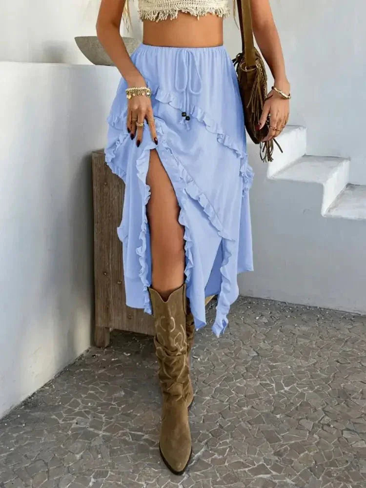 Devine Slit Drawstring Ruffled Skirt - Update AvenueVacation StyleTrendsi1001006465751061001006465751061be386a6 - 1bb5 - 4fb1 - bd01 - 0520f628e3fc - MaxLight Blue
