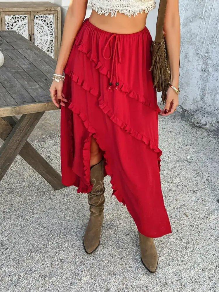Devine Slit Drawstring Ruffled Skirt - Update AvenueVacation StyleTrendsi1001006465795911001006465795916844fe81 - 05b1 - 459c - b0e4 - 09f63ed005b5 - MaxScarlet