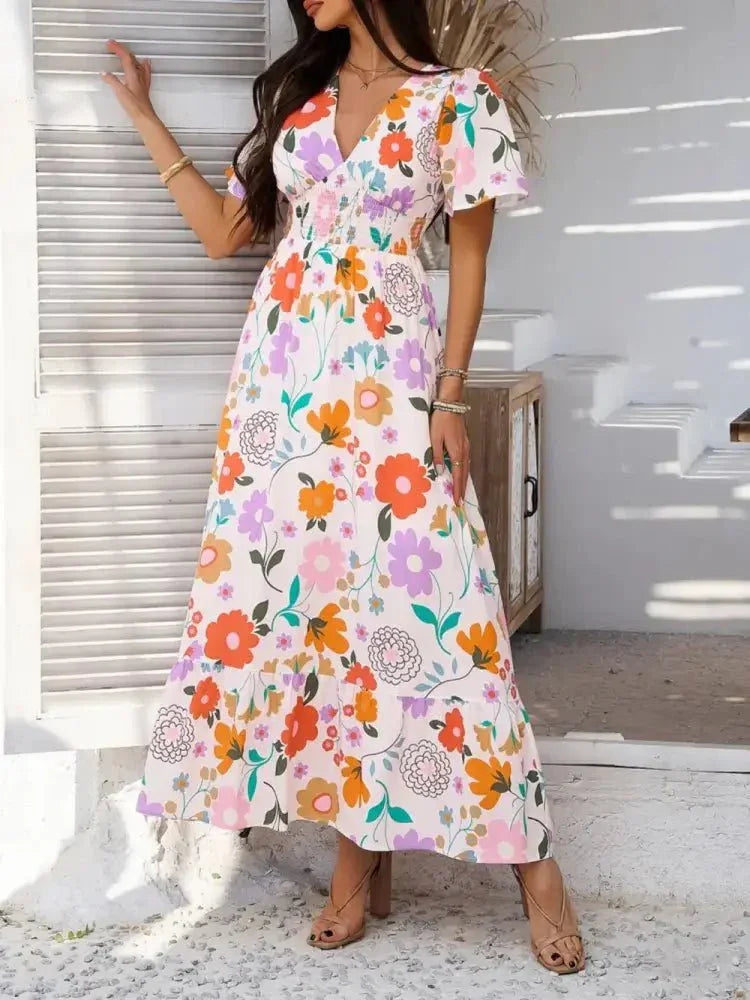 Devine Smocked Printed V - Neck Short Sleeve Maxi Dress - Update AvenueVacation StyleTrendsi100100129281327100100129281327adb86042 - 937d - 44d8 - a266 - aea76717d57c - MaxBlush Pink