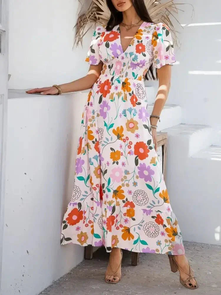 Devine Smocked Printed V - Neck Short Sleeve Maxi Dress - Update AvenueVacation StyleTrendsi100100129281327100100129281327df0e55b6 - c8ba - 473c - b384 - 5740239dc1ce - MaxBlush Pink