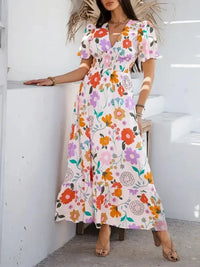 Devine Smocked Printed V - Neck Short Sleeve Maxi Dress - Update AvenueVacation StyleTrendsi100100129281327100100129281327df0e55b6 - c8ba - 473c - b384 - 5740239dc1ce - MaxBlush Pink