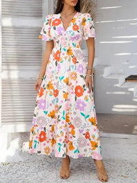 Devine Smocked Printed V - Neck Short Sleeve Maxi Dress - Update AvenueVacation StyleTrendsi10010012928132710010012928132711fd49aa - 0a70 - 4195 - 8d0e - 69c17382ad58 - MaxBlush Pink