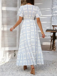 Devine Smocked Printed V - Neck Short Sleeve Maxi Dress - Update AvenueVacation StyleTrendsi1001001292818141001001292818142e4d6842 - d6af - 4f4a - a658 - 41d5753e0867 - MaxLight Blue