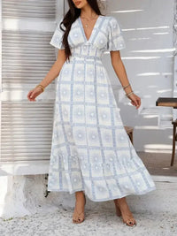 Devine Smocked Printed V - Neck Short Sleeve Maxi Dress - Update AvenueVacation StyleTrendsi1001001292818141001001292818149e801275 - a007 - 4d9b - ad31 - 4c1bb9c45578 - MaxLight Blue