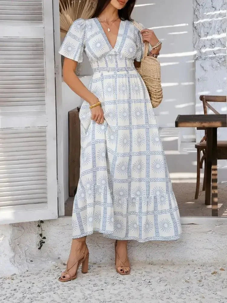 Devine Smocked Printed V - Neck Short Sleeve Maxi Dress - Update AvenueVacation StyleTrendsi100100129281814100100129281814e96954b6 - 5943 - 48e3 - bf50 - 991e50fc1edf - MaxLight Blue