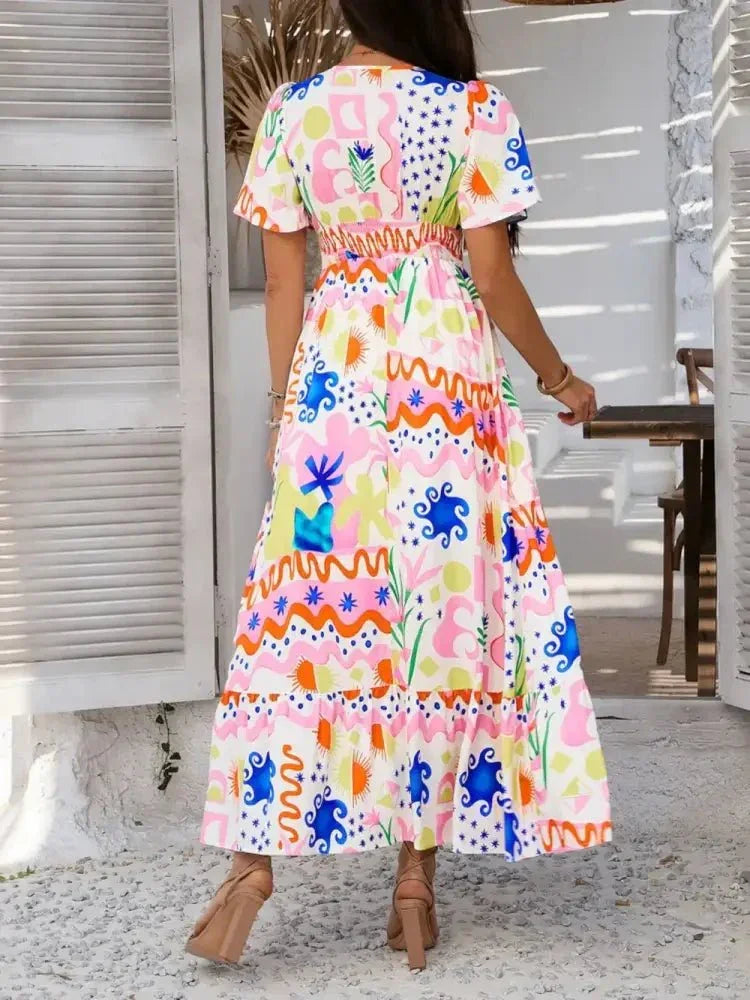 Devine Smocked Printed V - Neck Short Sleeve Maxi Dress - Update AvenueVacation StyleTrendsi1001001292859051001001292859052d003188 - 8092 - 4645 - 97ef - 30245bdfe74e - MaxMulticolor