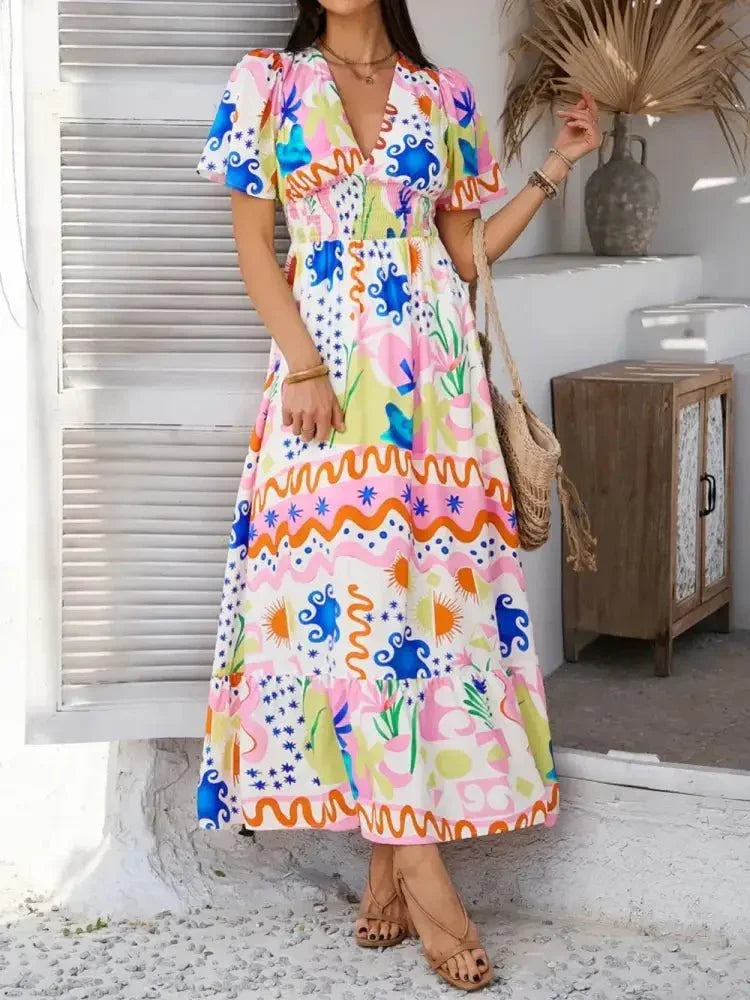 Devine Smocked Printed V - Neck Short Sleeve Maxi Dress - Update AvenueVacation StyleTrendsi1001001292859051001001292859057e1da2ad - 1196 - 46a7 - b2e5 - 816b8eeca731 - MaxMulticolor