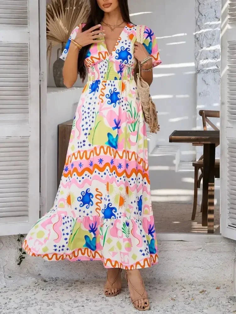 Devine Smocked Printed V - Neck Short Sleeve Maxi Dress - Update AvenueVacation StyleTrendsi100100129285905100100129285905f9496e42 - 22bc - 46ae - 8163 - 07c3e09c387e - MaxMulticolor
