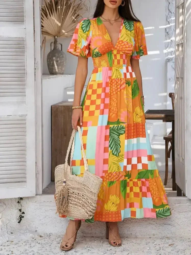 Devine Smocked Printed V - Neck Short Sleeve Maxi Dress - Update AvenueVacation StyleTrendsi100100129289426100100129289426deea63fe - dd8b - 4135 - 808a - 0c1121b91b39 - MaxTangerine