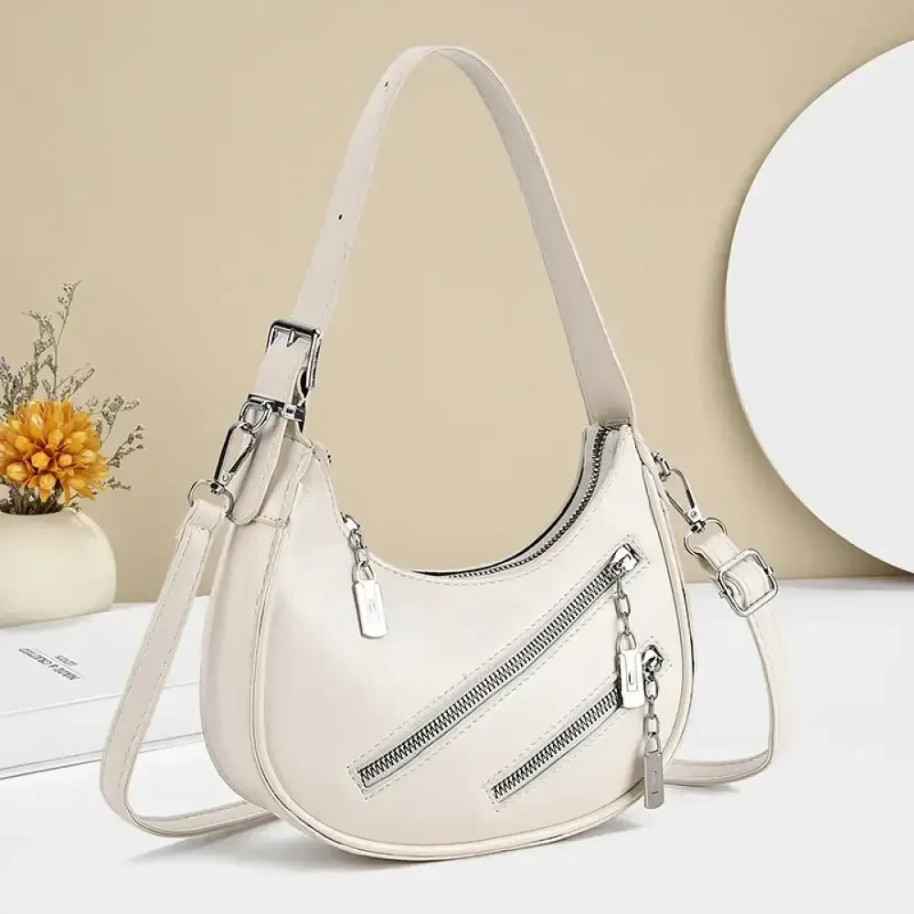 Diagonal Zipper Leather Shoulder Bag