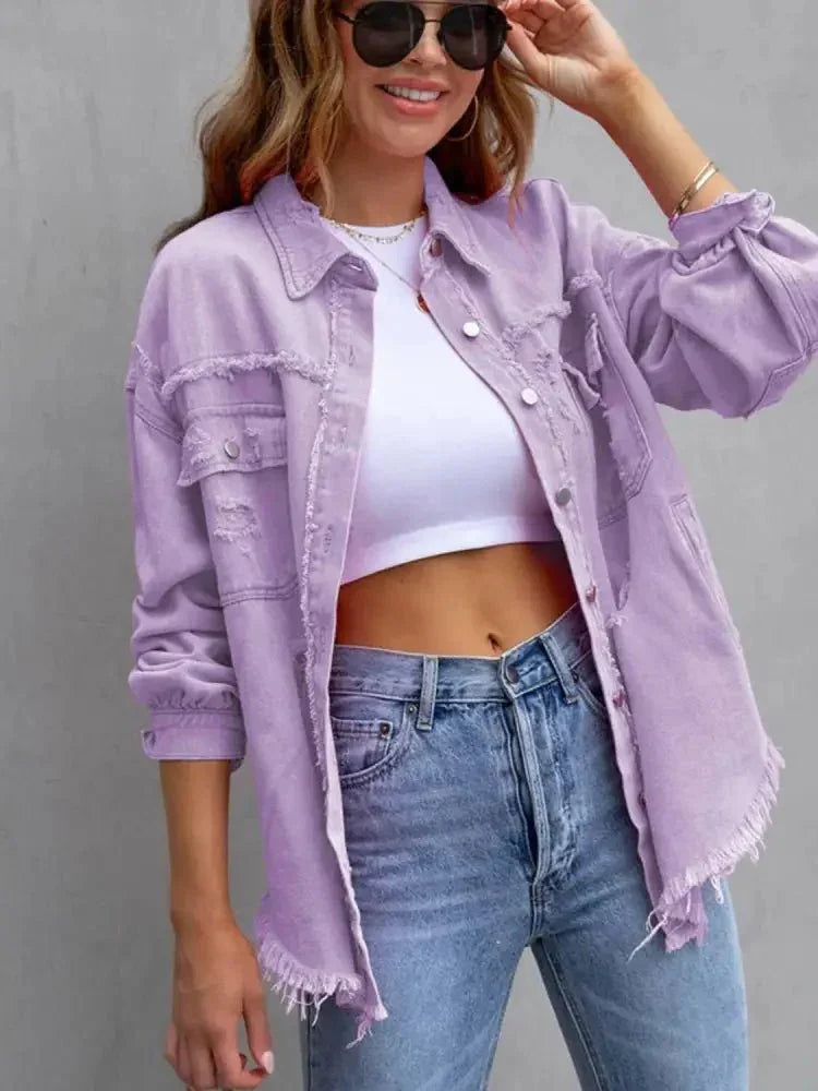 Distressed Drop Shoulder Denim Jacket - Update AvenueTrendsi100100281761603100100281761603516368a14851448ab34b5d4e56fc899b - MaxLavender