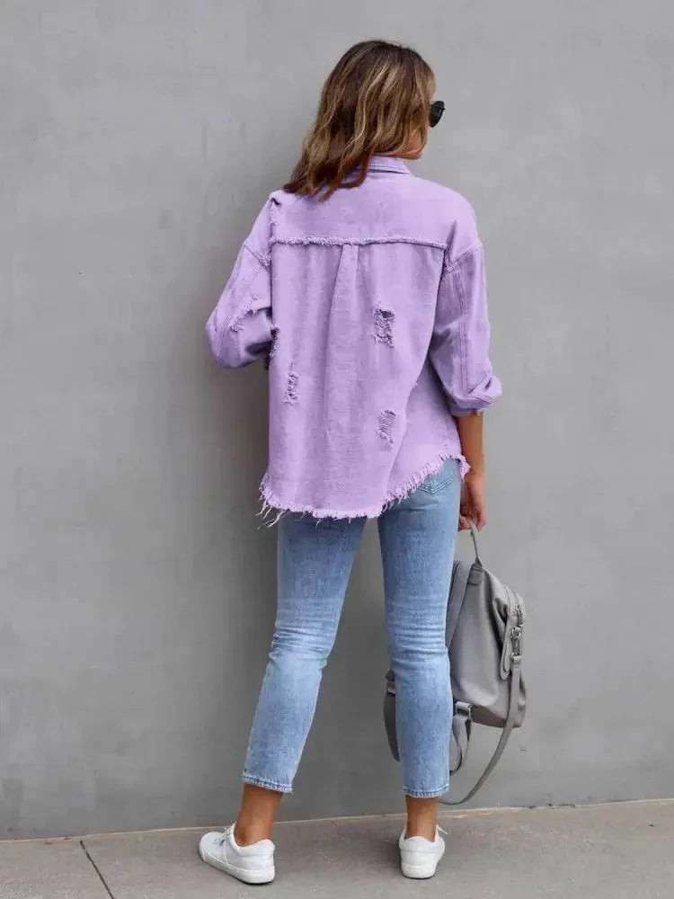 Distressed Drop Shoulder Denim Jacket - Update AvenueTrendsi100100281761603100100281761603c32462353a86498aa7fb870f63231177 - MaxLavender