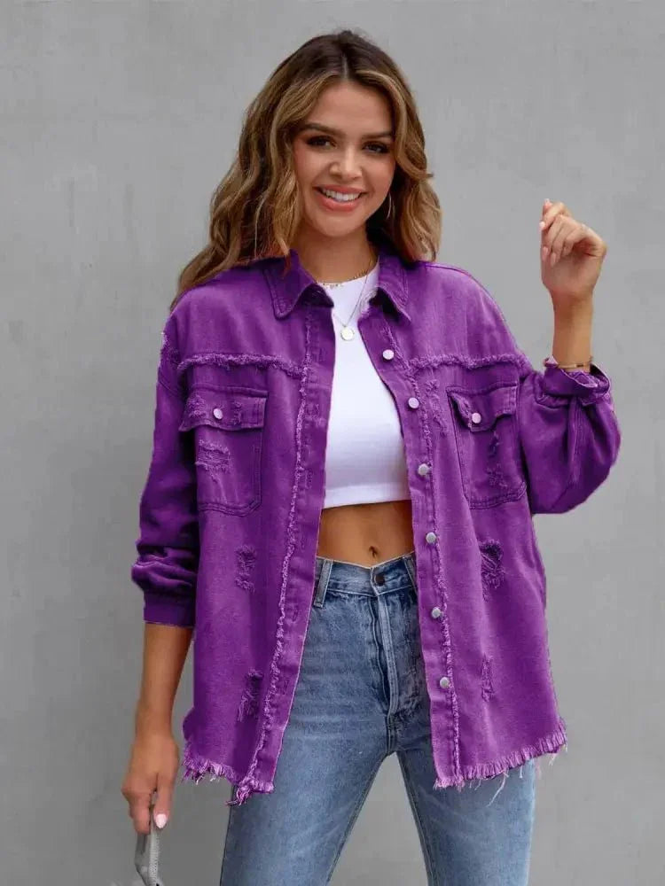 Distressed Drop Shoulder Denim Jacket - Update AvenueTrendsi1001002817620771001002817620778a96f75a578a4892b5e60aa572a8b774 - MaxPurple