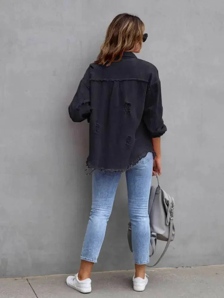 Distressed Drop Shoulder Denim Jacket - Update AvenueTrendsi1001002817646891001002817646899d8922b81ca8489ba67908d62932efc8 - MaxBlack