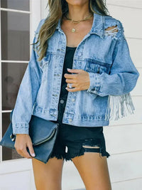 Distressed Fringe Denim Jacket - Update AvenueTrendsi100100487009425100100487009425b9b53e3afcd94dc1ba7085c0d7a46e28 - MaxLight Blue
