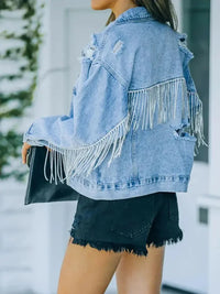 Distressed Fringe Denim Jacket - Update AvenueTrendsi1001004870094251001004870094250dd417486f1e402089a7e8f2aa5f7278 - MaxLight Blue