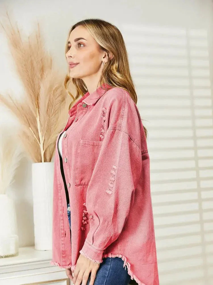 Distressed Raw Hem Denim Jacket - Update AvenueTrendsi100100481830915100100481830915ee80e90975bb45e3b18444c6b7bead28 - MaxBlush Pink