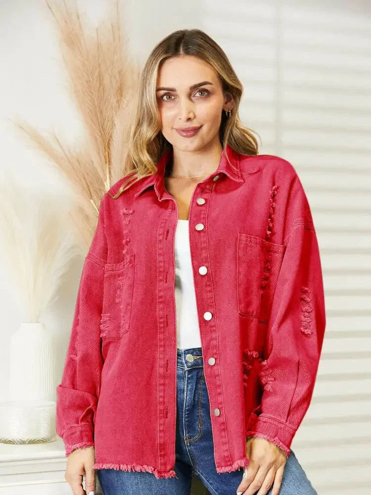 Distressed Raw Hem Denim Jacket - Update AvenueTrendsi100100481832290100100481832290647b504ed5204115bab49de1c7d725f9 - MaxHot Pink