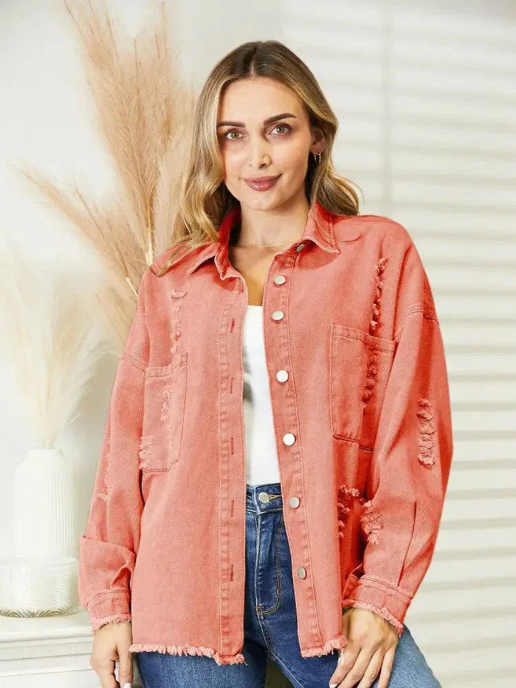 Distressed Raw Hem Denim Jacket - Update AvenueTrendsi10010048183703610010048183703627c4f6d0fef54d1b924ec4ef31ec0596 - MaxOrange - Red
