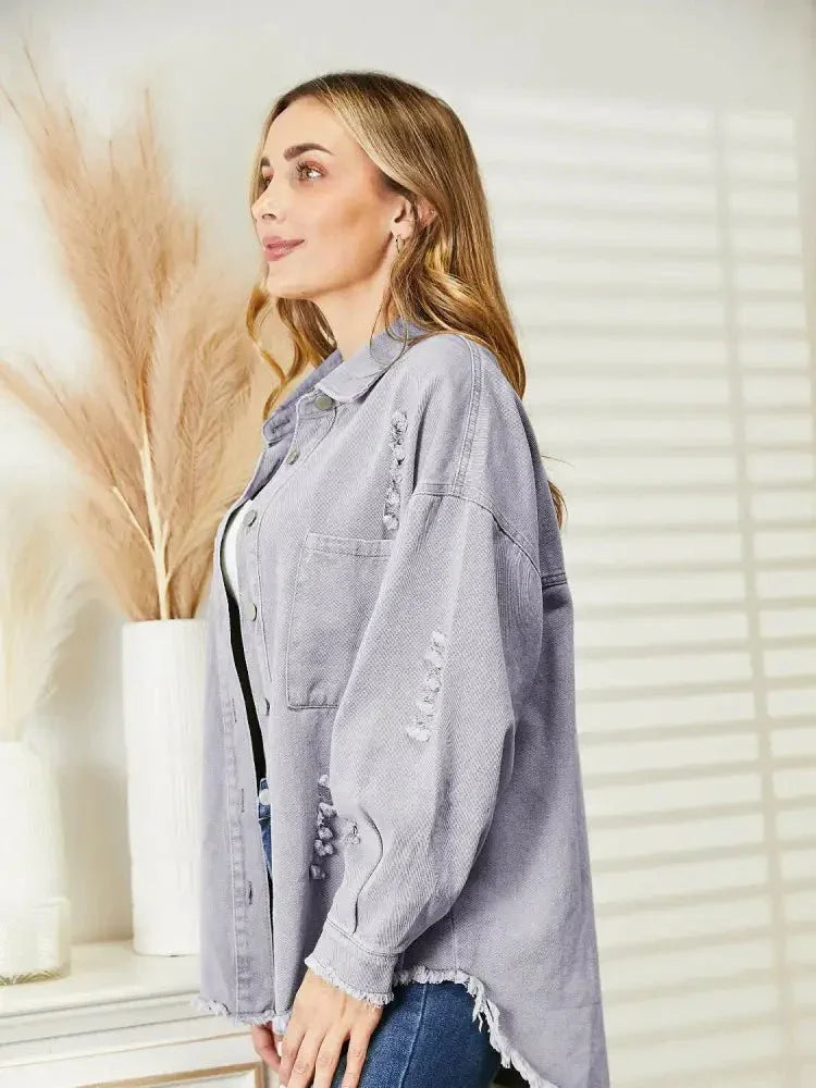 Distressed Raw Hem Denim Jacket - Update AvenueTrendsi100100481838588100100481838588cbb562760ed64ddbaaf6248903b13efe - MaxLilac