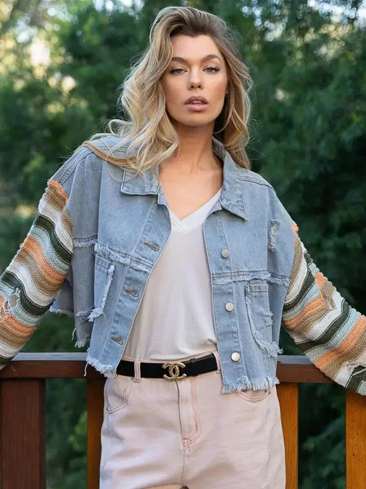 Distressed Striped Long Sleeve Denim Jacket - Update AvenueTrendsi100100282843216100100282843216b49694b8bb974d9298540d84cf3f8e00 - MaxLight