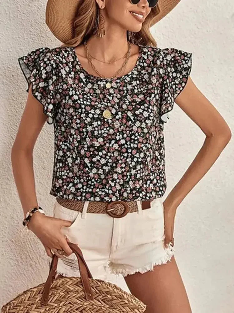 Ditsy Floral Round Neck Cap Sleeve Top - Update AvenueVacation StyleTrendsi1001005937811061001005937811065d06c6a2 - e770 - 4360 - 8f51 - 6bfcca2fabad - MaxBlack