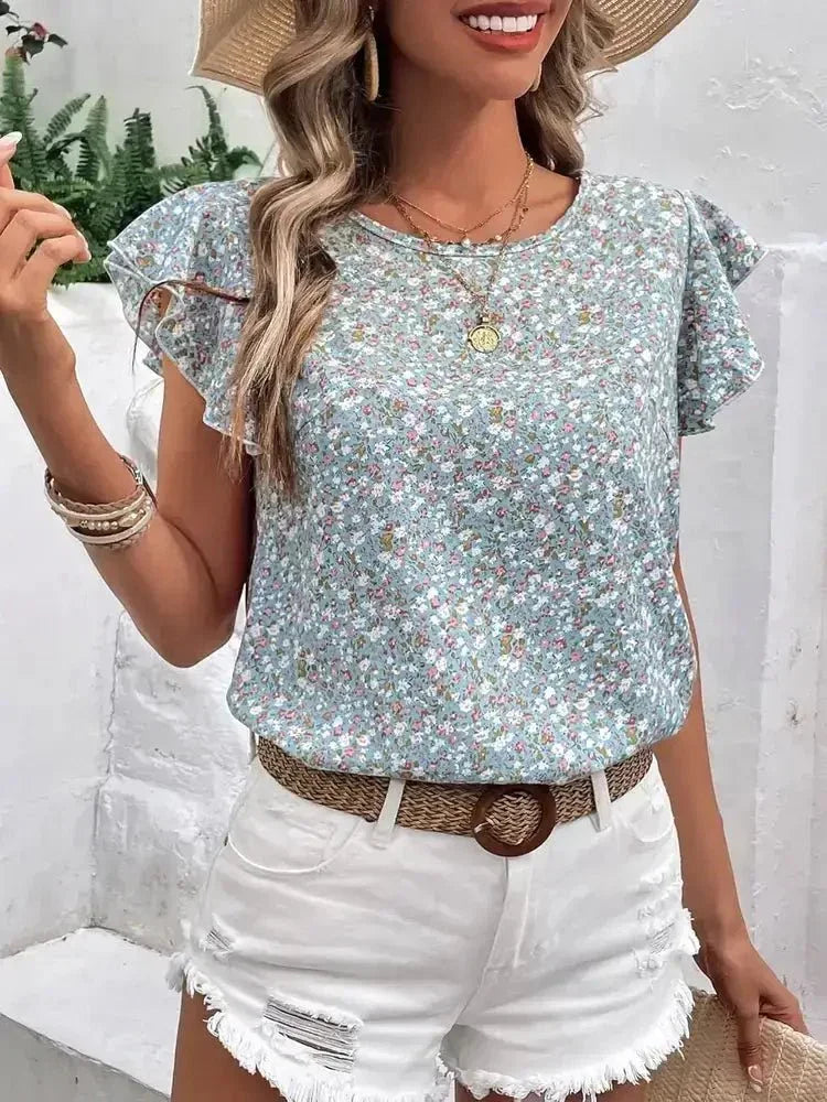 Ditsy Floral Round Neck Cap Sleeve Top - Update AvenueVacation StyleTrendsi100100593781404100100593781404e47dcea7 - 099d - 4cd8 - a815 - edf9c053d740 - MaxLight Blue