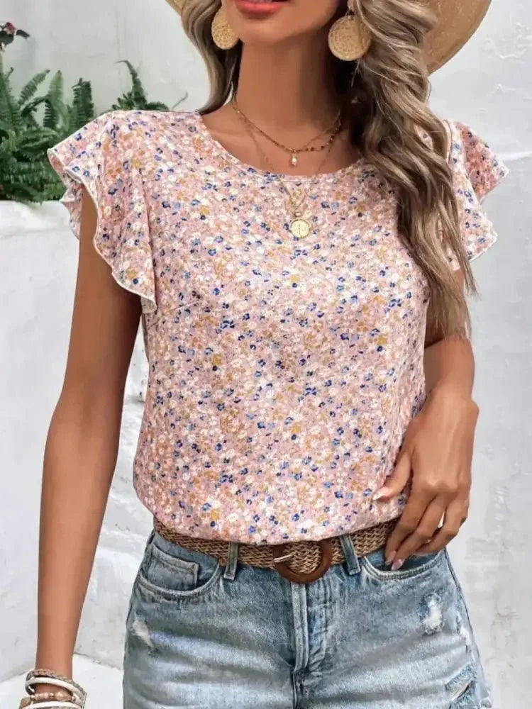 Ditsy Floral Round Neck Cap Sleeve Top - Update AvenueVacation StyleTrendsi1001005937865591001005937865599ffc9a20 - 478f - 4271 - 837c - 3720214405dd - MaxPale Blush