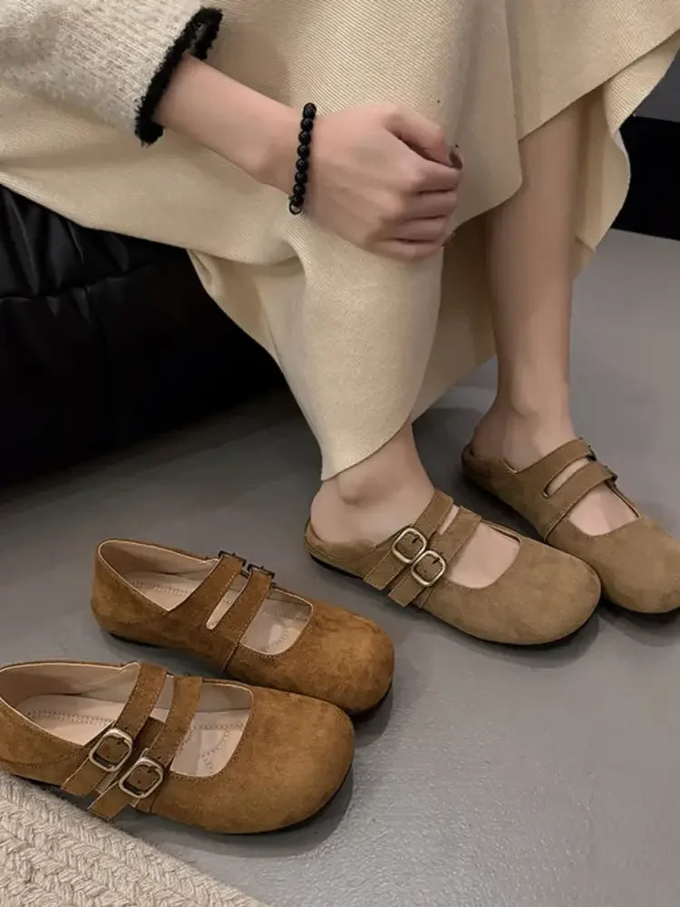 Double Buckle Straps Round Toe Slip-Ons