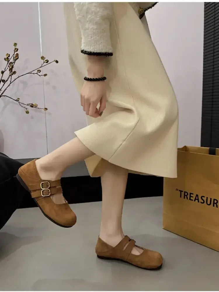 Double Buckle Straps Round Toe Slip-Ons