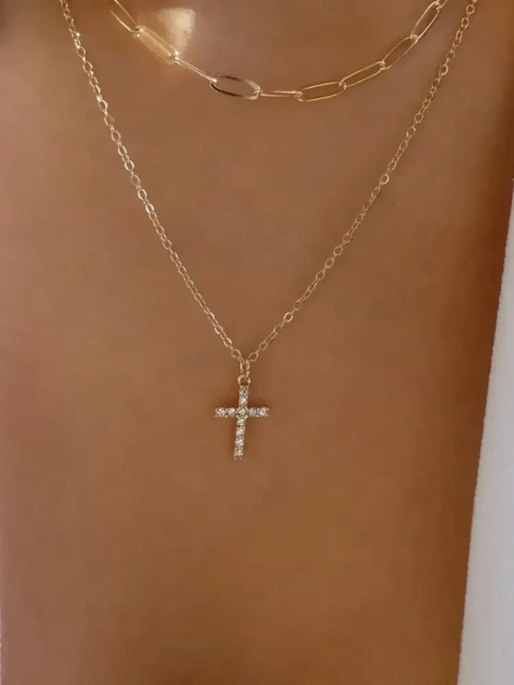 Double Layered Inlaid Zircon Cross Pendant Necklace