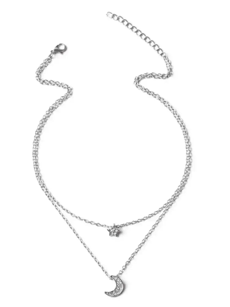 Double Layered Star and Moon Pendant Necklace