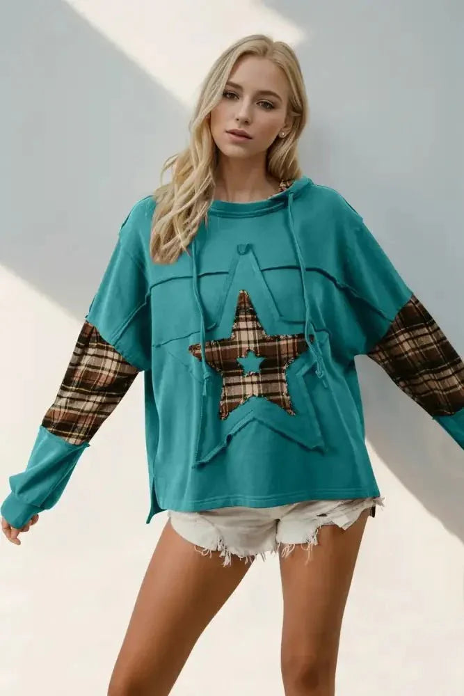 Double Take Drawstring Plaid Star Patch Long Sleeve Hoodie - Update AvenueHonor the Stars and StripesTrendsi100100054241675100100054241675dae01c6a - e51d - 4504 - 93cc - 015912947bf1 - MaxTeal