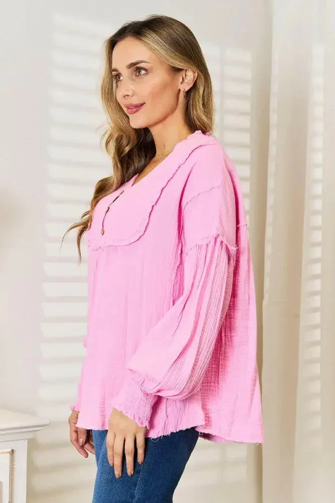 Double Take Exposed Seam Buttoned Notched Neck Blouse - Update AvenueTrendsi1001016662283701001016662283705e027077208b451ab9eb4dfeaa5d6744 - MaxPink