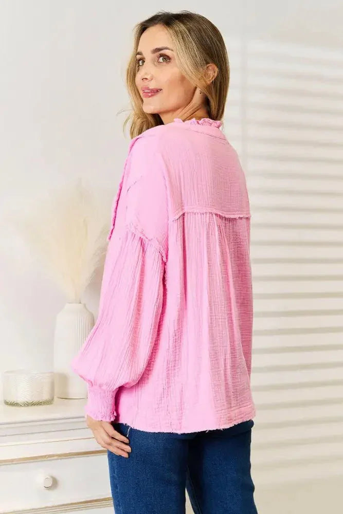 Double Take Exposed Seam Buttoned Notched Neck Blouse - Update AvenueTrendsi10010166622837010010166622837055422958474c46579ae731170bf64527 - MaxPink