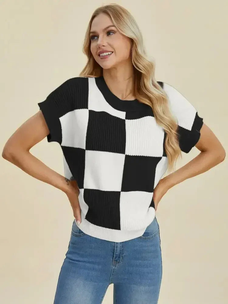 Double Take Full Size Checkered Round Neck Short Sleeve Sweater - Update AvenueTrendsi10010092929131110010092929131104edd8b3 - 66a3 - 4b27 - b722 - a67273fa0f6d - MaxBlack