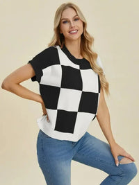 Double Take Full Size Checkered Round Neck Short Sleeve Sweater - Update AvenueTrendsi10010092929131110010092929131101307411 - 383a - 4068 - a8c6 - ba6ac43d74a6 - MaxBlack