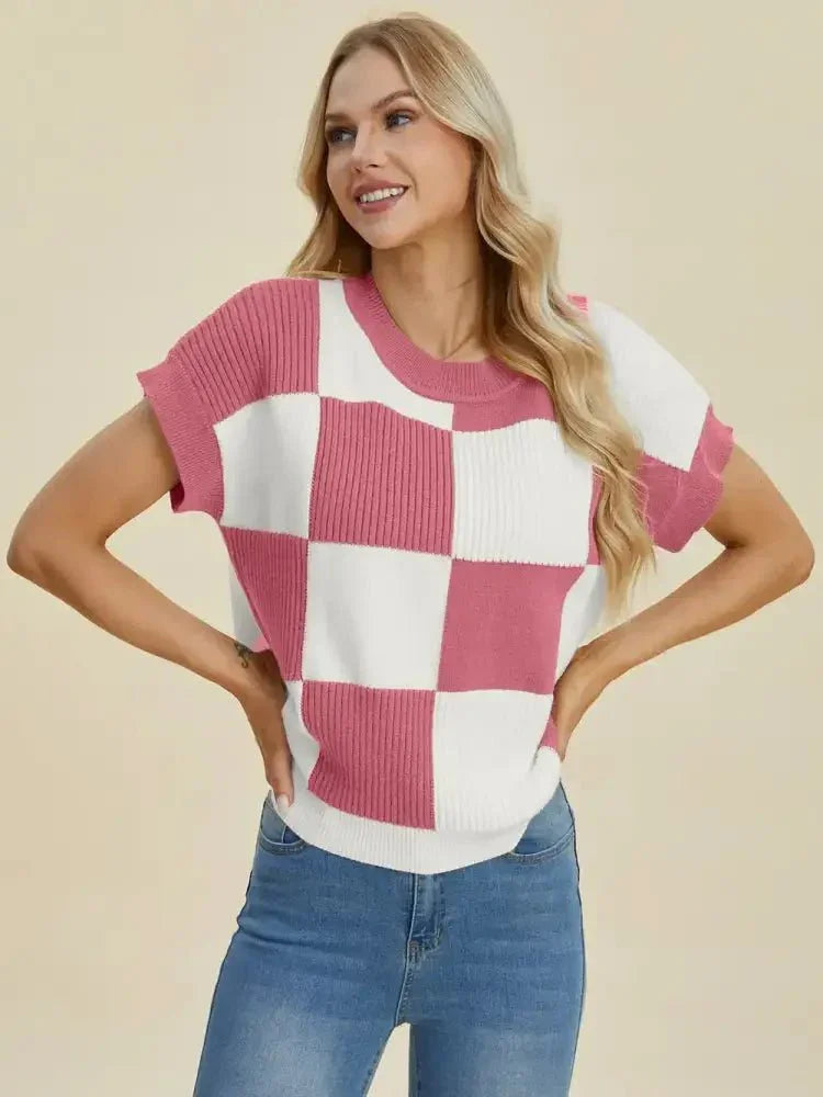 Double Take Full Size Checkered Round Neck Short Sleeve Sweater - Update AvenueTrendsi100100929291354100100929291354cfed5484 - 7afa - 4144 - b505 - 32cfd58316e2 - MaxDusty Pink
